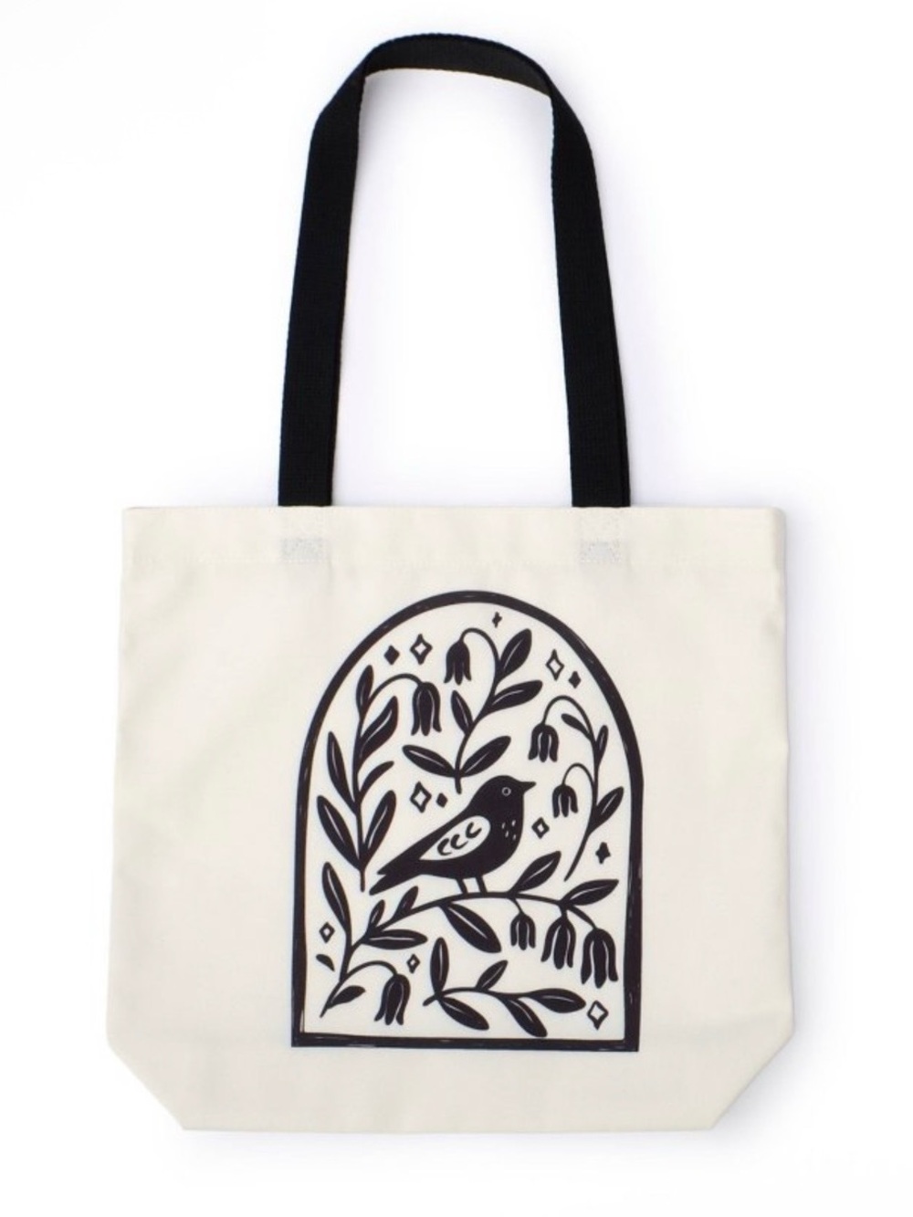 Canvas Tote Bag with Black Bird Print